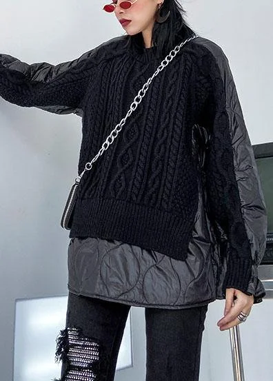 Aesthetic black knit blouse o neck patch work fashion spring knit sweat tops Satin Long Blouse