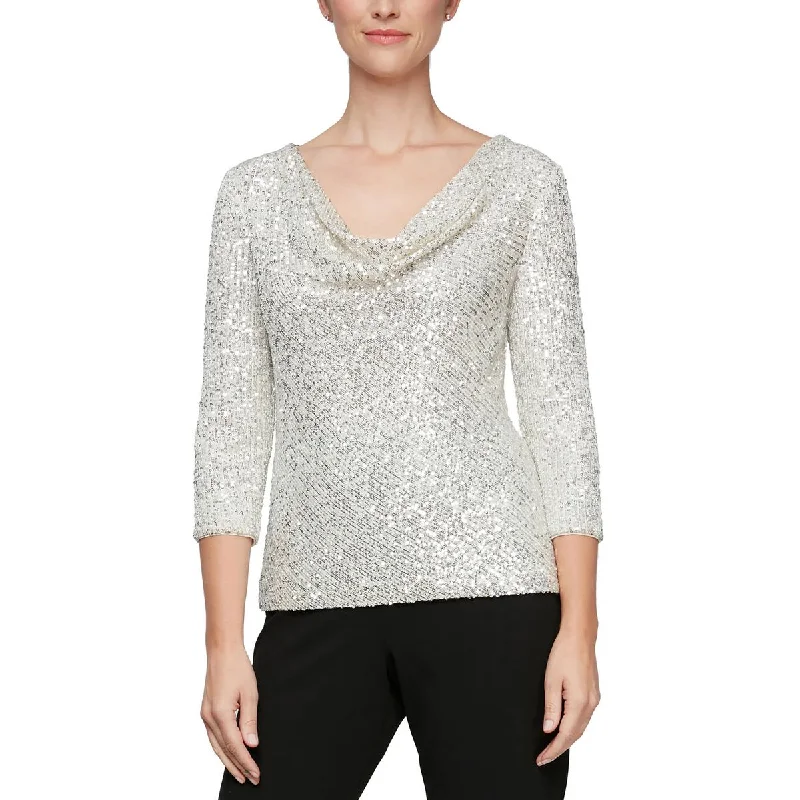 Alex Evenings Womens Petites Sequined Cowlneck Blouse Backless Summer Blouse