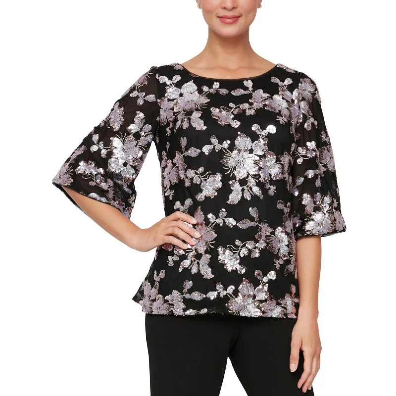 Alex Evenings Womens Petites Sequined Split Hem Blouse Delicate Pleat Blouse