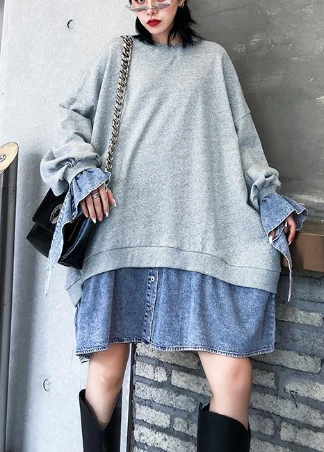 Art gray Blouse o neck false two pieces oversized blouses Versatile Layering Blouse