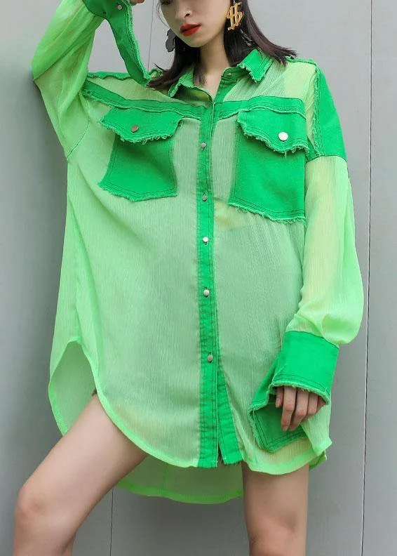 Art green chiffon patchwork tops women blouses big pockets tunic summer blouses Mandarin Collar Blouse