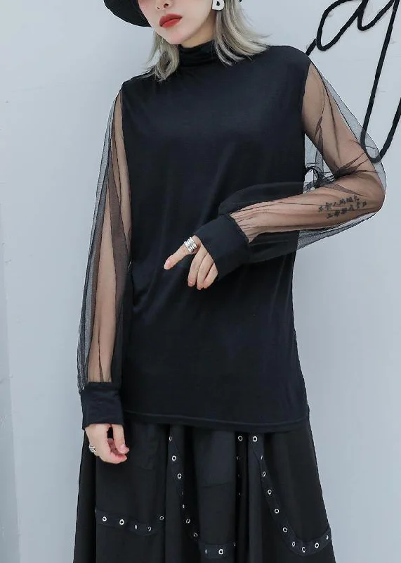 Art high neck cotton clothes Outfits black patchwork tulle sleeve blouses Sleeveless Chiffon Blouse