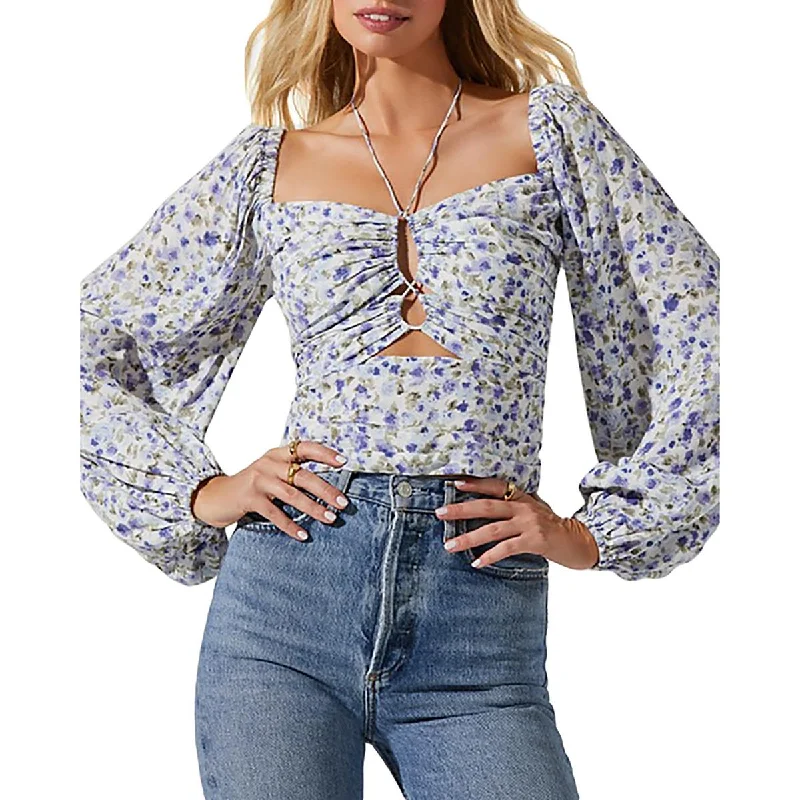 ASTR the Label Womens Floral Print Keyhole Blouse Pleated Collar Blouse