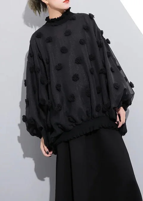 boutique black pure cotton blouse plus size traveling clothing Elegant fuzzy ball decorated cotton blouses Side Tie Blouse