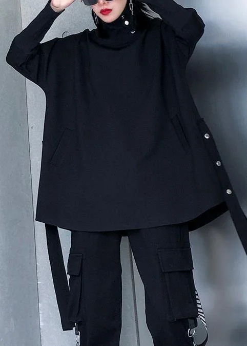 Chic black cotton Blouse high neck asymmetric daily blouse Short Sleeve Blouse