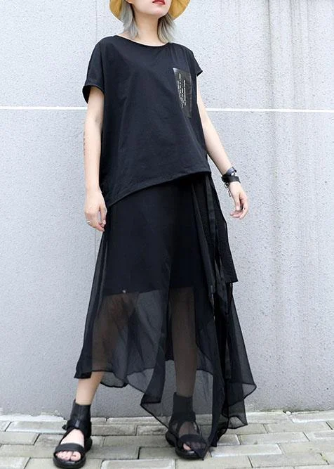 Classy black cotton clothes asymmetric short sleeve tunic summer blouses Modern Oversized Blouse