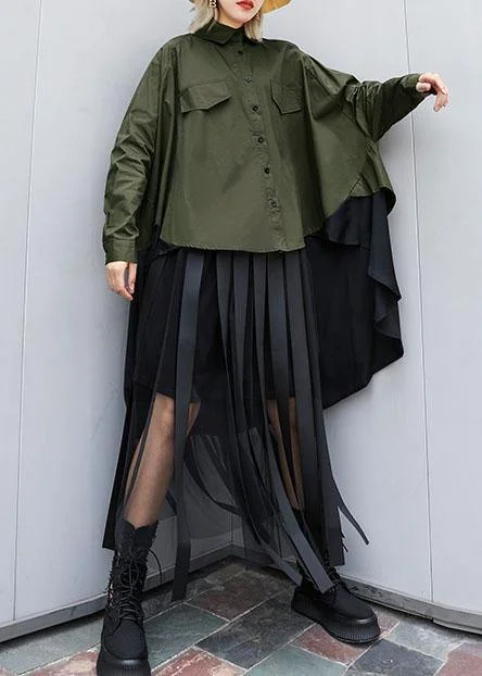 Elegant asymmetric lapel cotton Blouse Inspiration army green blouses Silky Tunic Blouse