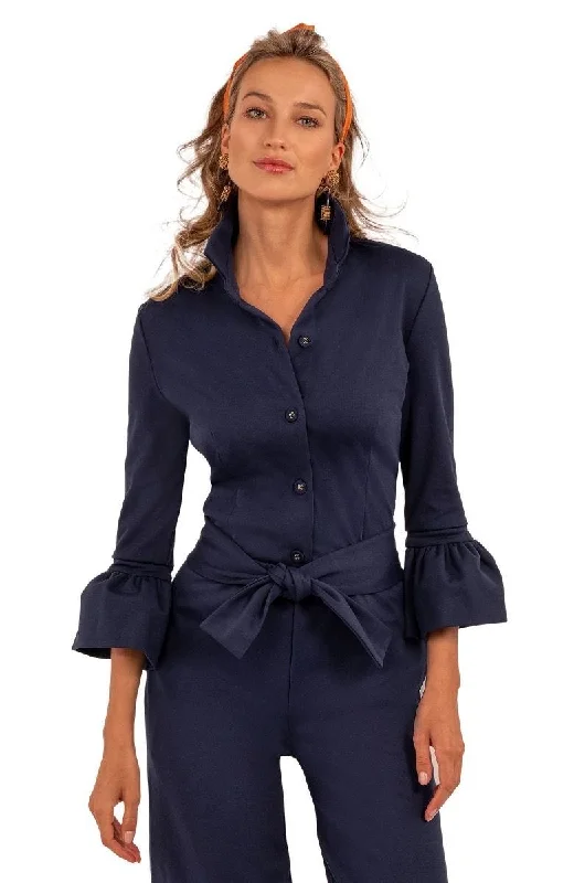 Gretchen Scott Priss Ponte Blouse - Uptown Girl Navy Elegant Embroidery Blouse