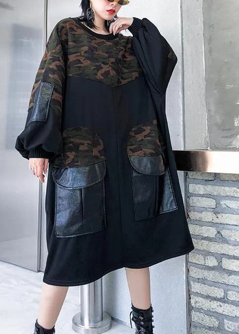 Modern black patchwork camouflage cotton Blouse pockets oversized blouses Frilled Cuff Blouse