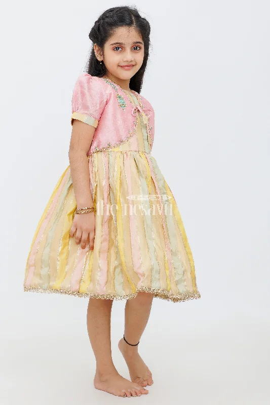 Pink and Gold Semi-Organza Frock for Girls with Embroidered Blouse Peter Pan Blouse