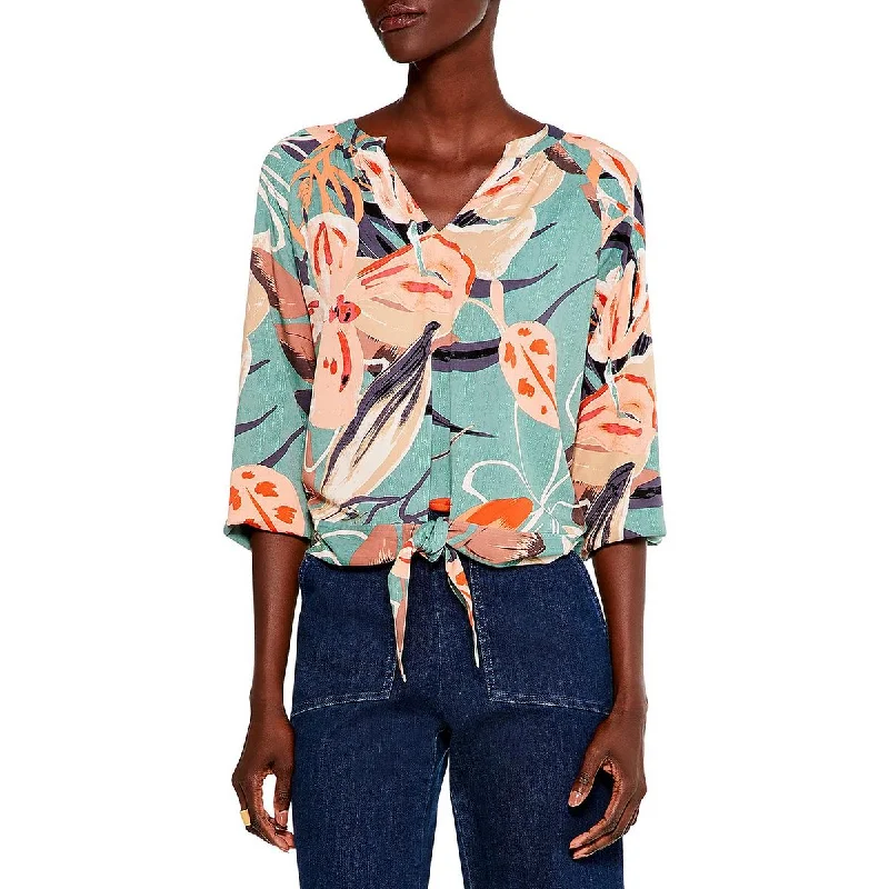 Nic + Zoe Womens Floral Print Tie-Front Blouse High Neck Blouse