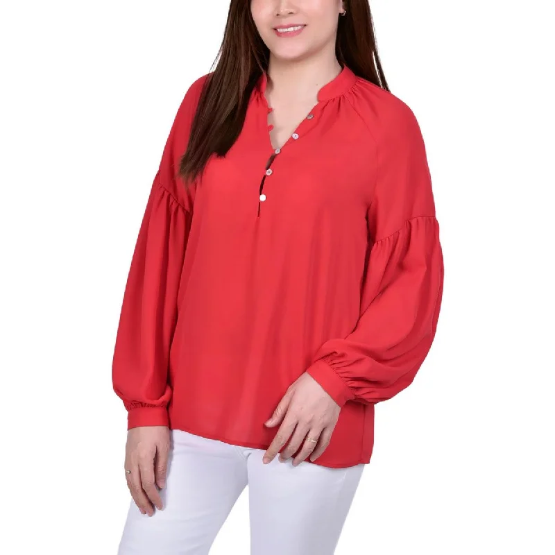 NY Collection Womens Petites Chiffon Solid Blouse Embellished Collar Blouse