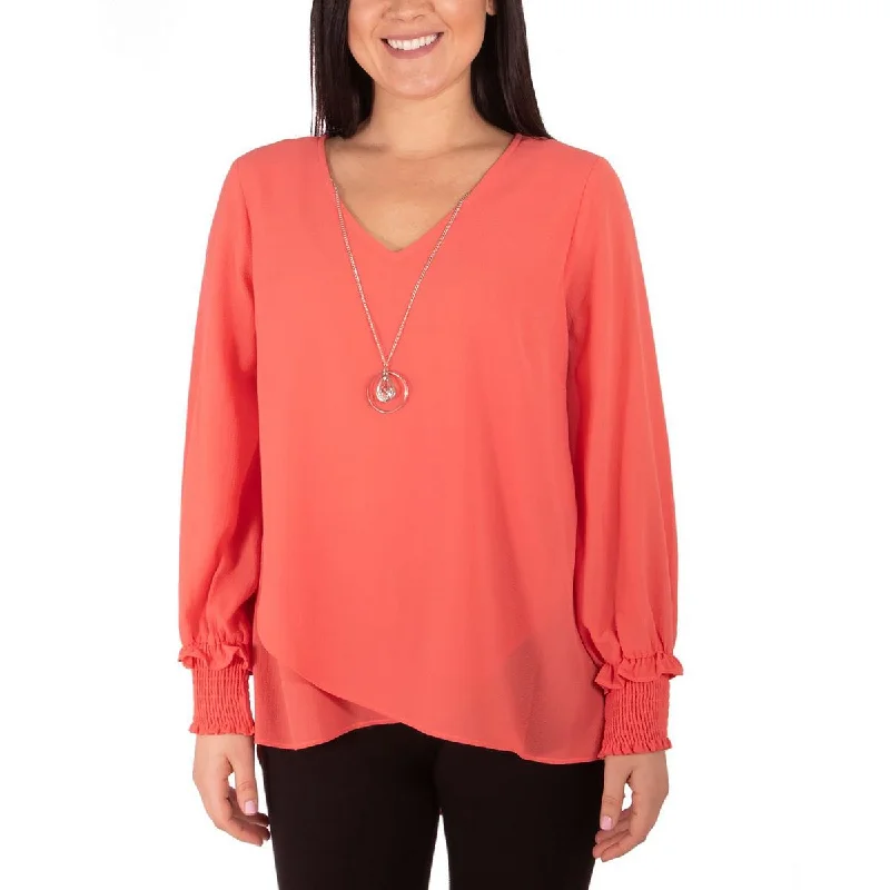 NY Collection Womens Petites Cuffed V-Neck Blouse Flowy Bohemian Blouse