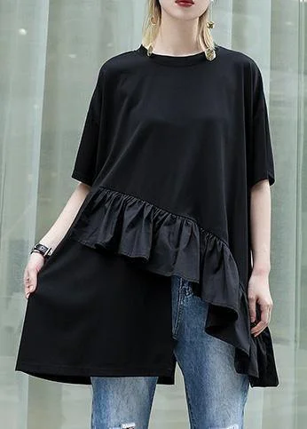 Organic black cotton Blouse rrffles hem oversized summer tops Sweetheart Neck Blouse