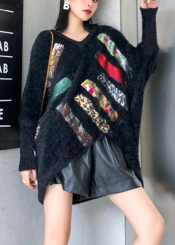 Oversized prints black knitted blouse oversize v neck knitted clothes Gathered Detail Blouse