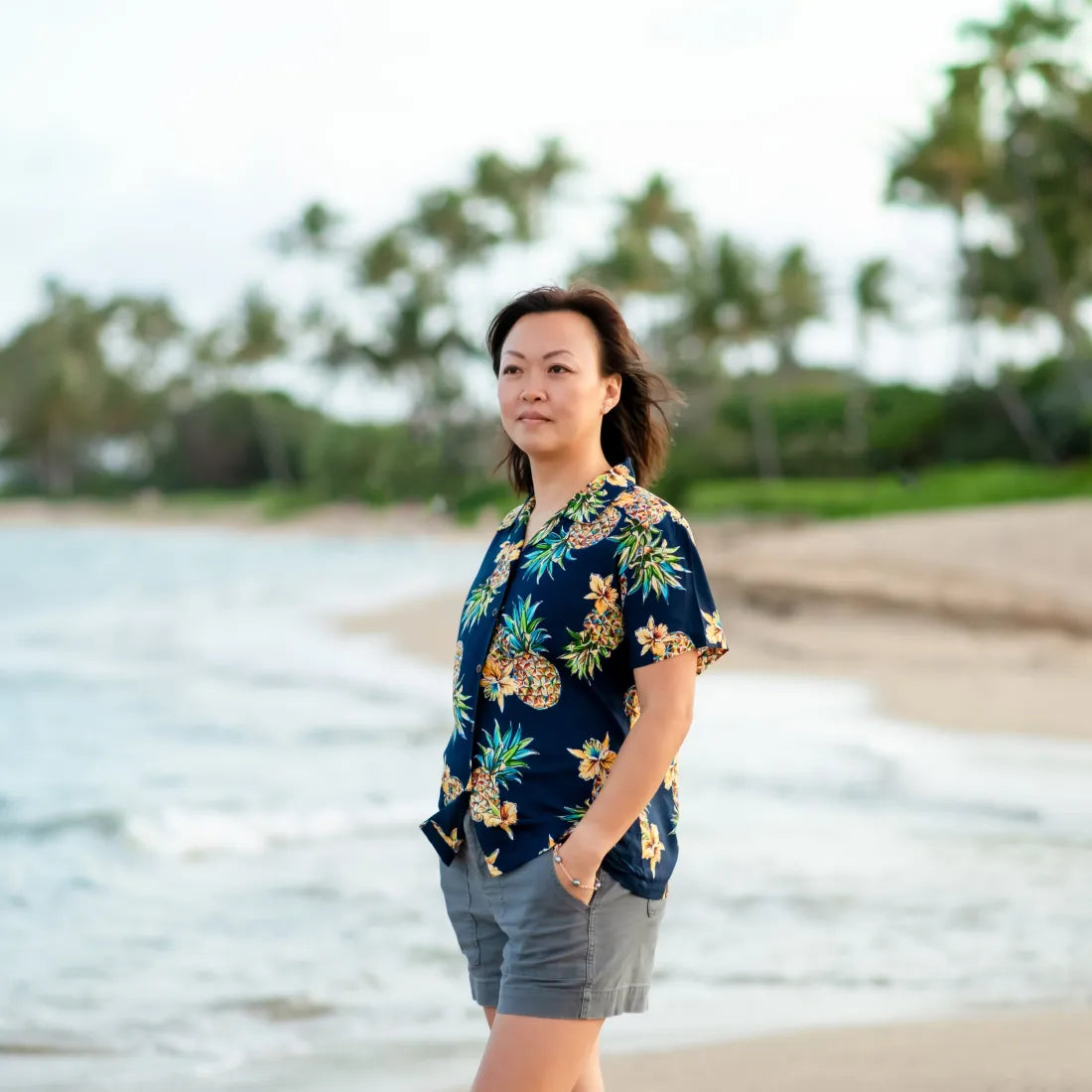 Pineapple Blue Lady's Hawaiian Rayon Blouse Textured Cotton Blouse