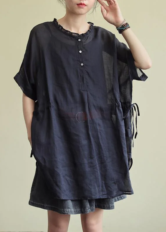 Simple black cotton tunic pattern o neck Ruffles Plus Size Clothing blouses Mandarin Collar Blouse