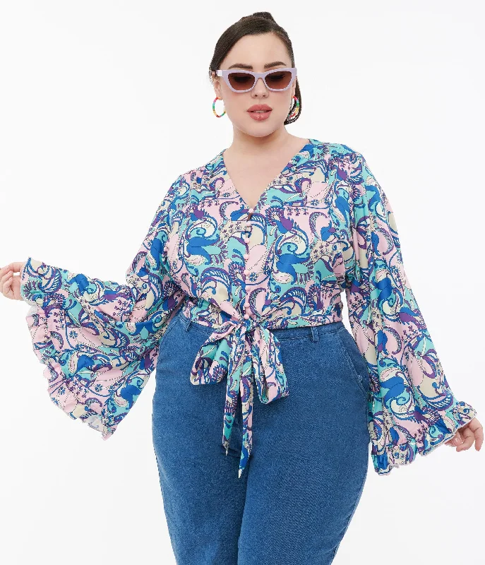 Smak Parlour Plus Size Blue & Purple Psychedelic Floral Belva Crop Blouse High Neck Blouse