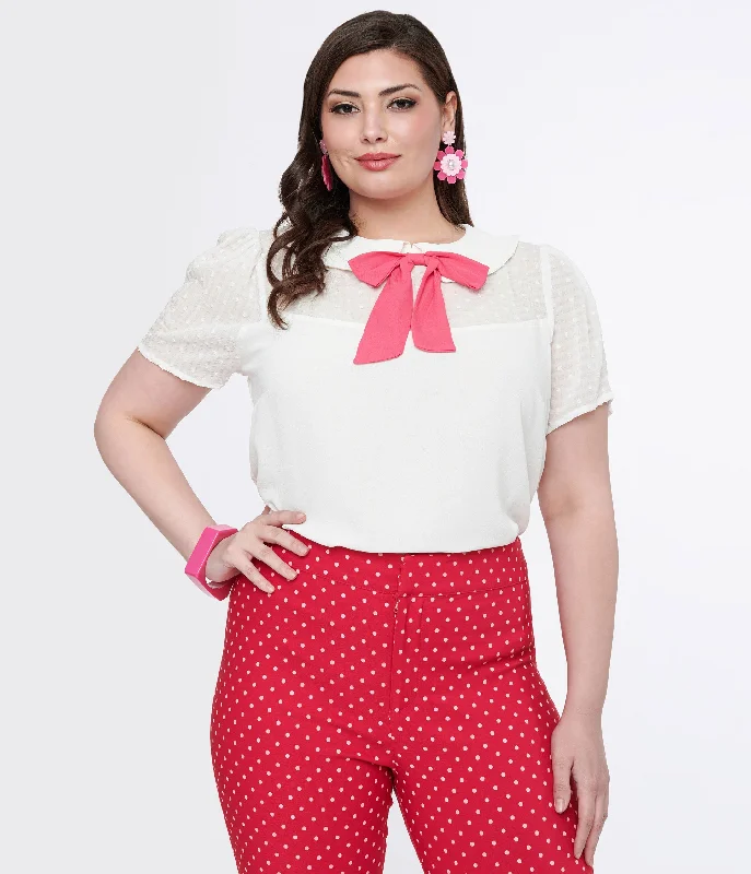 Smak Parlour Plus Size White & Pink Collared Bow Blouse Chic Off-Shoulder Blouse