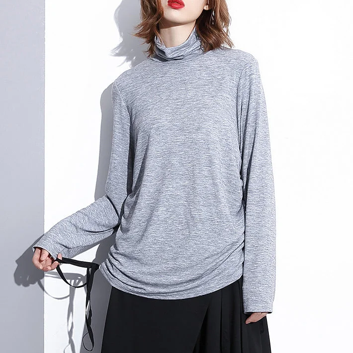 fine gray pure tops oversized high neck cotton t shirt fine drawstring blouses Playful Puff Blouse