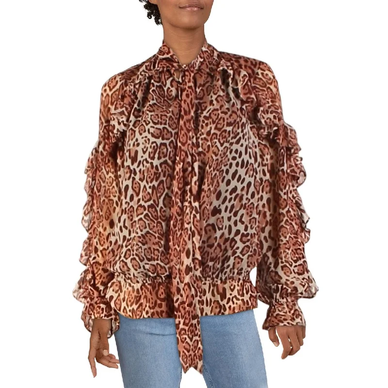 Walter Baker Womens Sophia Ruffled Animal Print Blouse Double-Layered Blouse