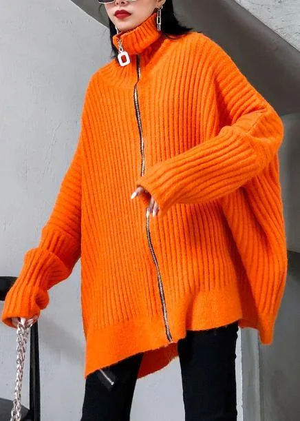 Winter orange knit tops trendy plus size high neck zippered knit blouse Soft Knit Blouse