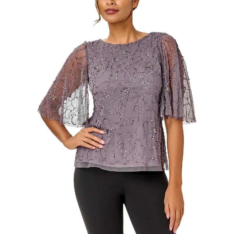 Adrianna Papell Womens Mesh Beaded Blouse Ruffled Neck Blouse