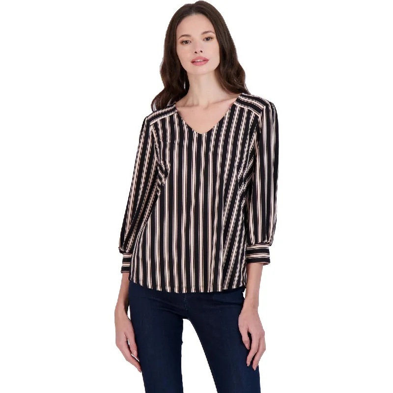 Adrianna Papell Womens Striped Three-Quarter Cuff Blouse Soft Knit Blouse