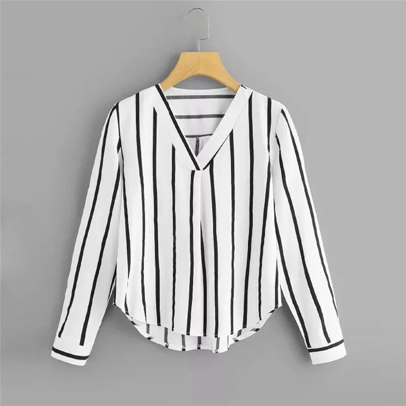 Autumn Long Sleeve V Neck Irregular Stripe Shirt Women Casual Tops And Blouses chemise femme camisas mujer women blouses #10 Satin Drape Blouse