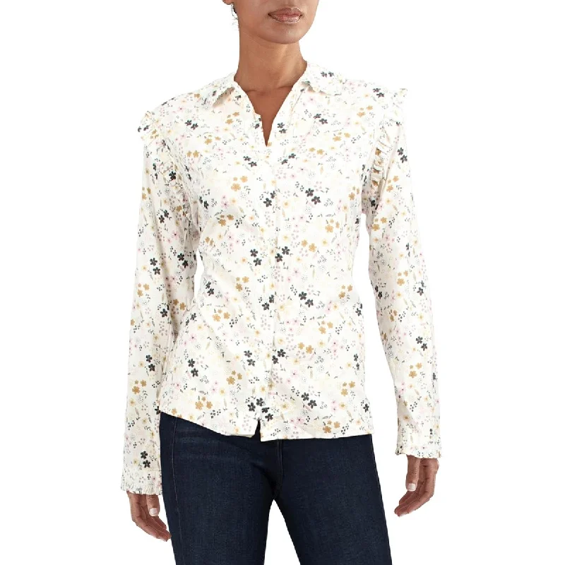 Barbour Womens Floral-Print Button-Down Blouse Classic White Blouse