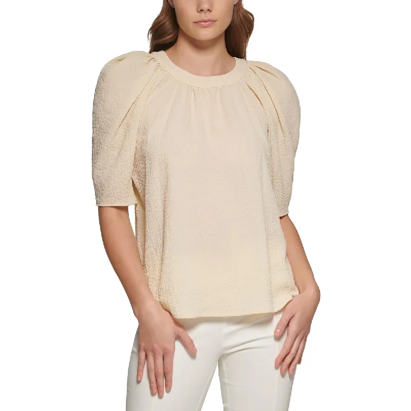 Calvin Klein Womens Puff Sleeve Textured Blouse Double Button Blouse