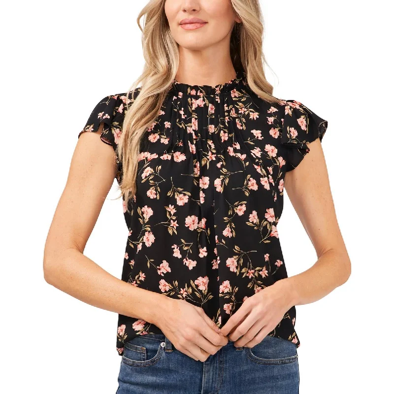 CeCe Womens Floral Print Pintuck Blouse Short Sleeve Blouse