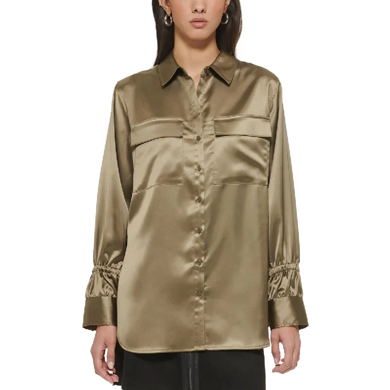 DKNY Womens Flap Pocket Satin Blouse Elegant Semi-Sheer Blouse