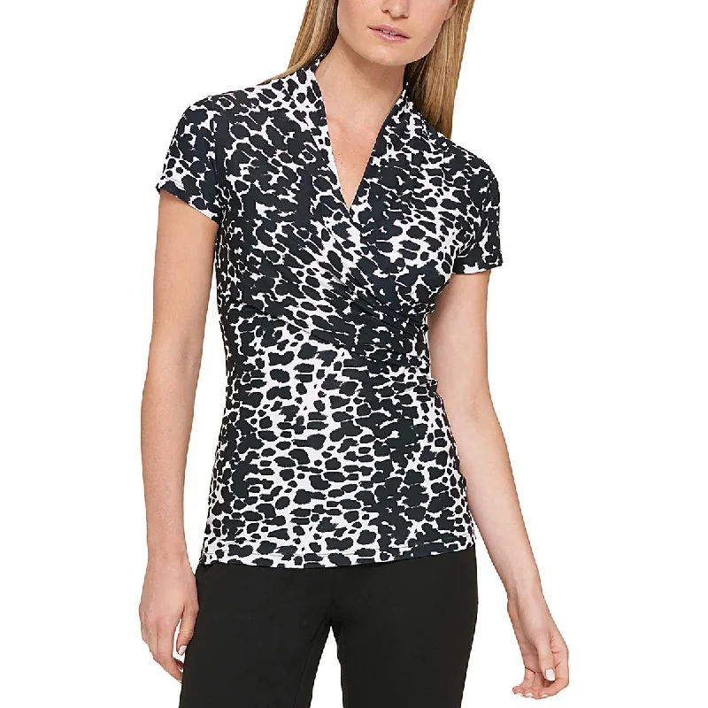 DKNY Womens Petites Animal Print Draped Blouse Semi-Sheer Blouse