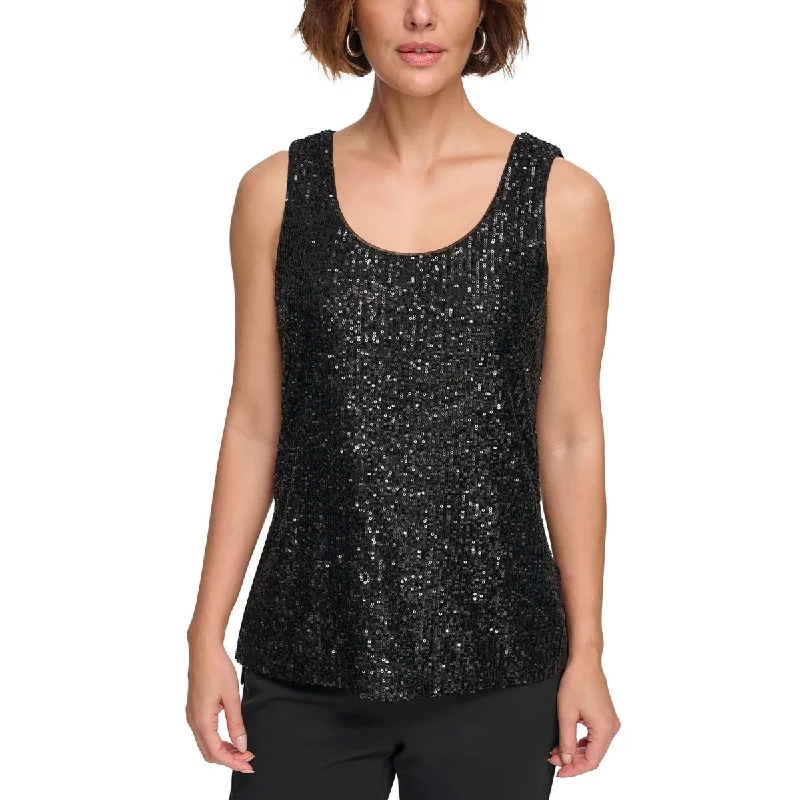 DKNY Womens Sequined Scoop Neck Blouse Elegant Office Blouse