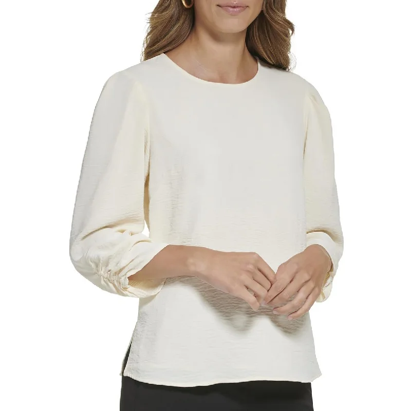 DKNY Womens Solid Crew Neck Blouse Embellished Collar Blouse