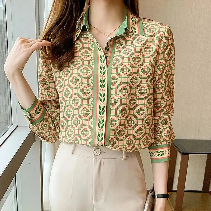 Fashion chained print ladies shirts Women's Blouses Spring Autumn Long Sleeve To Backless Summer Blouse