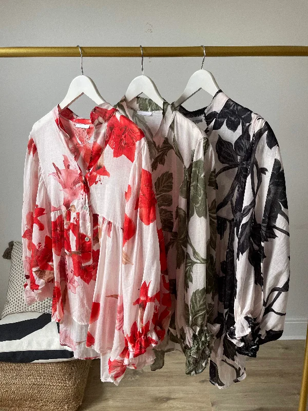 Flower Print Batwing Sleeves Blouse Wrap Front Blouse