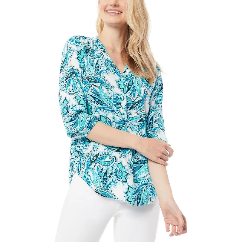 Jones New York Womens Printed V-Neck Blouse Elegant Silk Blouse