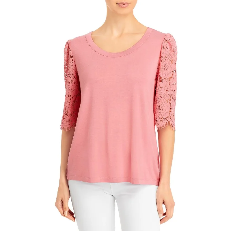 K & C Womens Knit Lace Blouse Gathered Detail Blouse