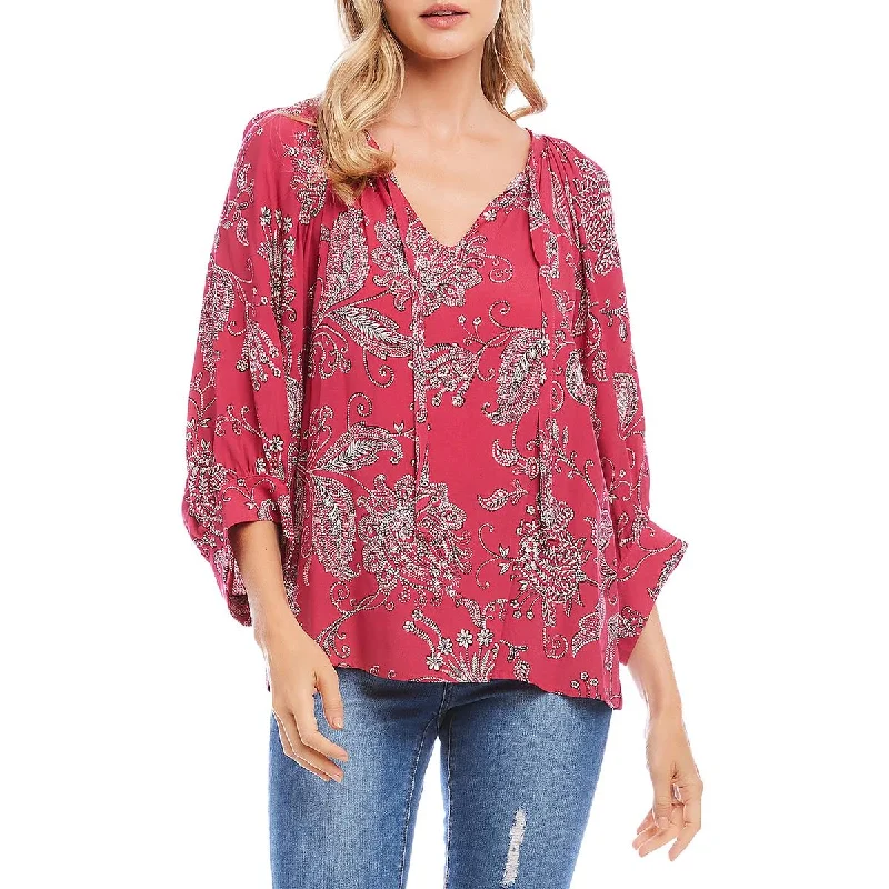 Karen Kane Womens Paisley Print Blouson Sleeve Blouse Drape Neck Blouse