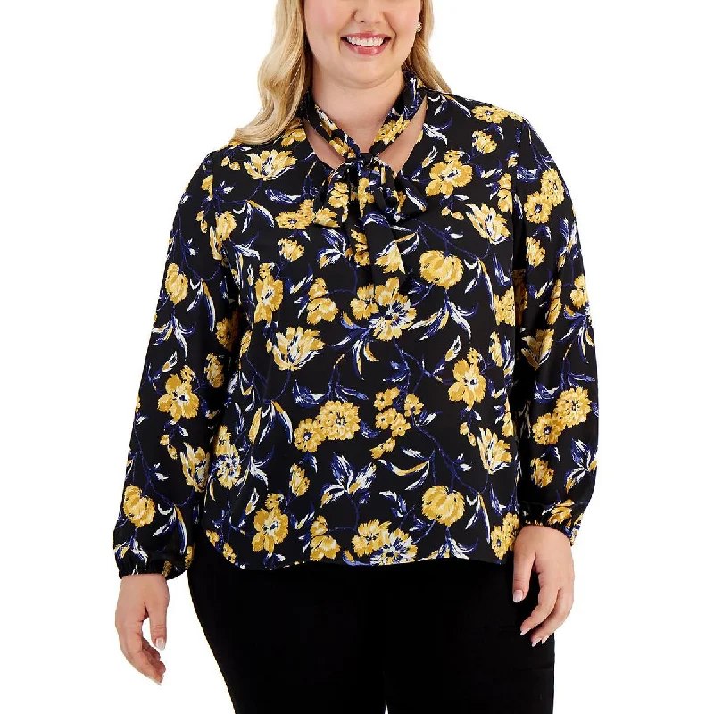 Kasper Womens Plus Floral Tie-Neck Blouse Satin Drape Blouse