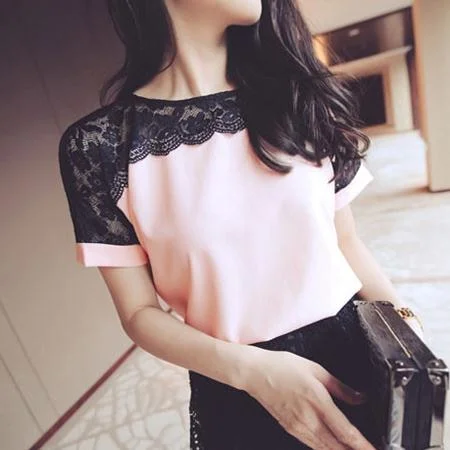 Korean Fashion Chiffon Women Blouses Lace Short Sleeve Pink Women Shirts Plus Size 4XL/5XL Womens Tops Blusas Femininas Elegante Pastel Color Blouse