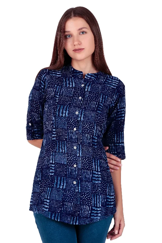 Ladyline Casual Rayon Printed Tunic Top Blouse for Womens Stand Collar Full Button Down Roll-Up SleevesShort Kurti Ethnic Print Silky Draped Blouse