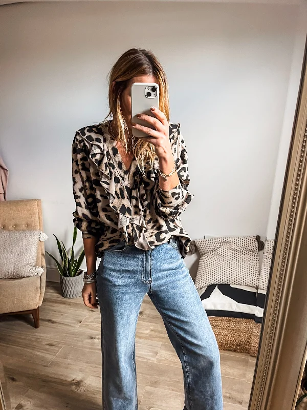 Leopard Print Frill Blouse Elegant Silk Blouse