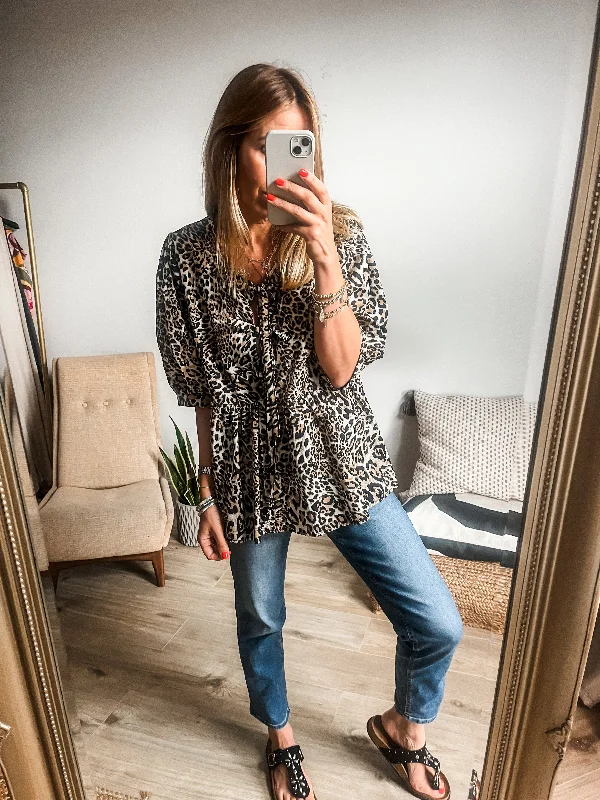 Leopard Print Smock Blouse Chic Off-Shoulder Blouse