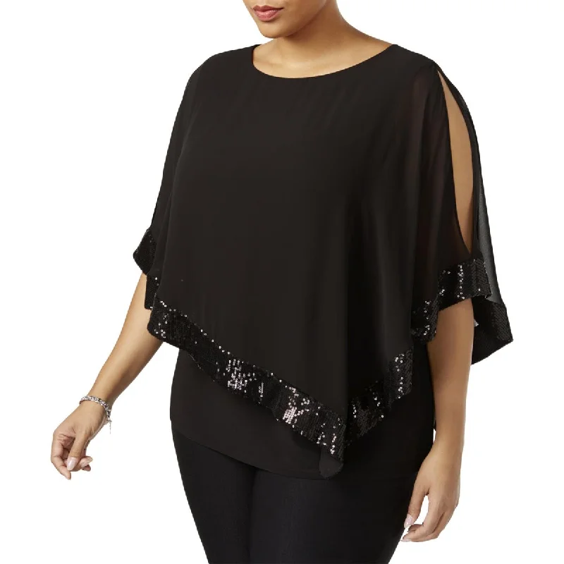 MSK Womens Plus Sequined Cold Shoulder Blouse Elegant Embroidery Blouse