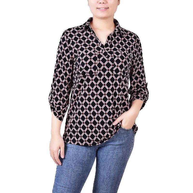 NY Collection Womens Petites Printed Collar Blouse Mandarin Collar Blouse