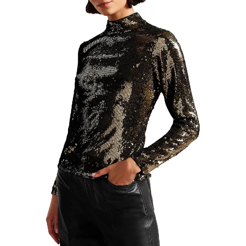 Ted Baker Womens Sequined Mock Neck Blouse Semi-Sheer Blouse