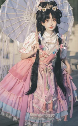 OCELOT~Temptation of the Cat Demon~Han Lolita Sweet Pink JSK and Blouse Asymmetric Hem Blouse